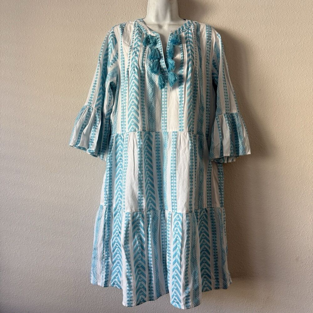 Tru Luxe Dress Womens L Turquoise White Geometric Tassel Tie Tiered Boho Indie